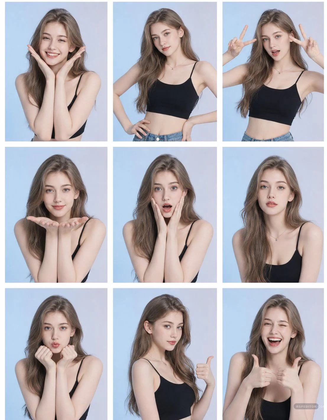 Nine-photo soft beauty pose grid with blue studio background and varied expressions