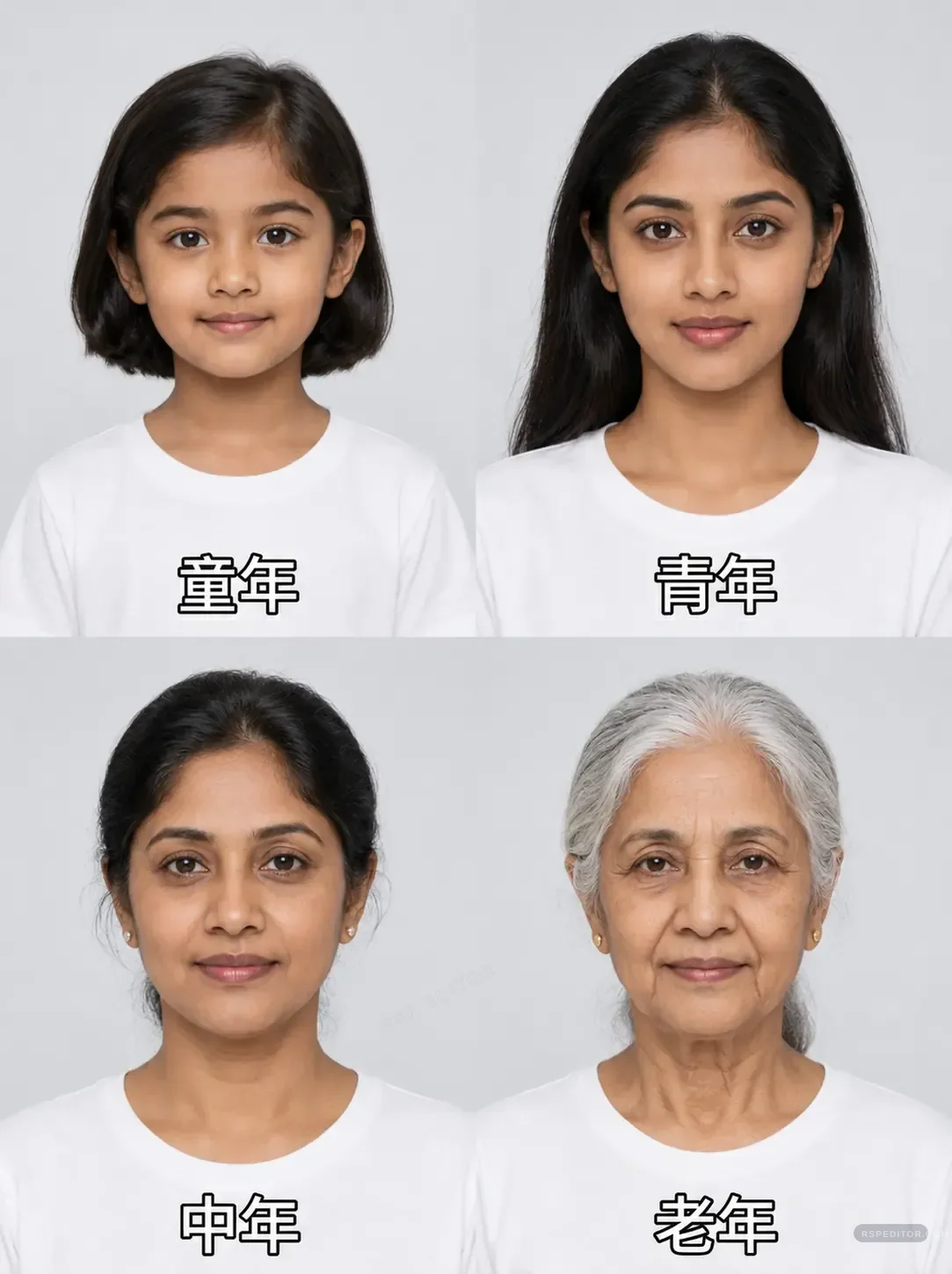 South Asian female age progression collage in four realistic portrait panels