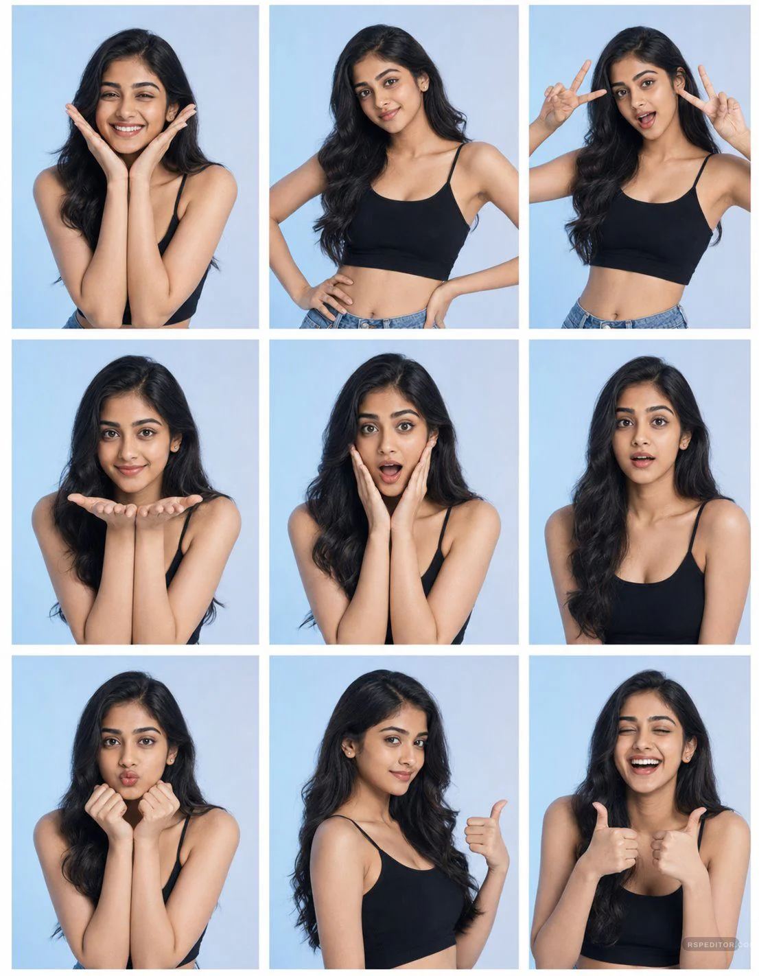 Nine-photo booth grid with South Asian model poses and expressions
