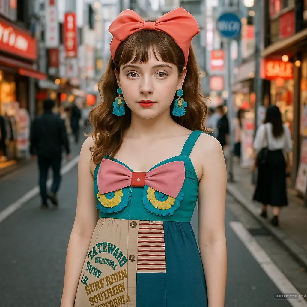 Colorful street fashion portrait with bow accessories and city shopping street background
