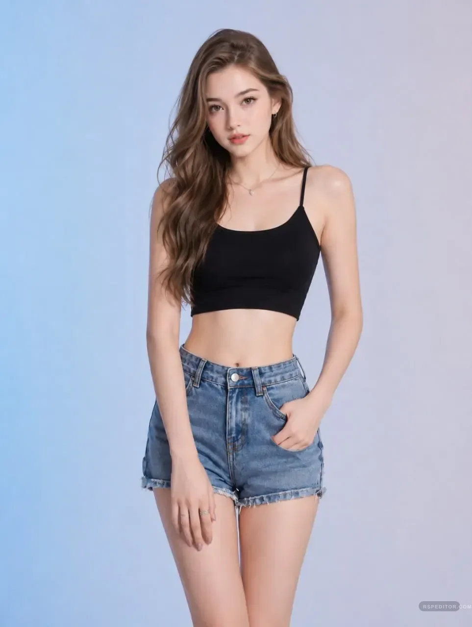 Studio fashion portrait with black crop top, denim shorts, and pastel background