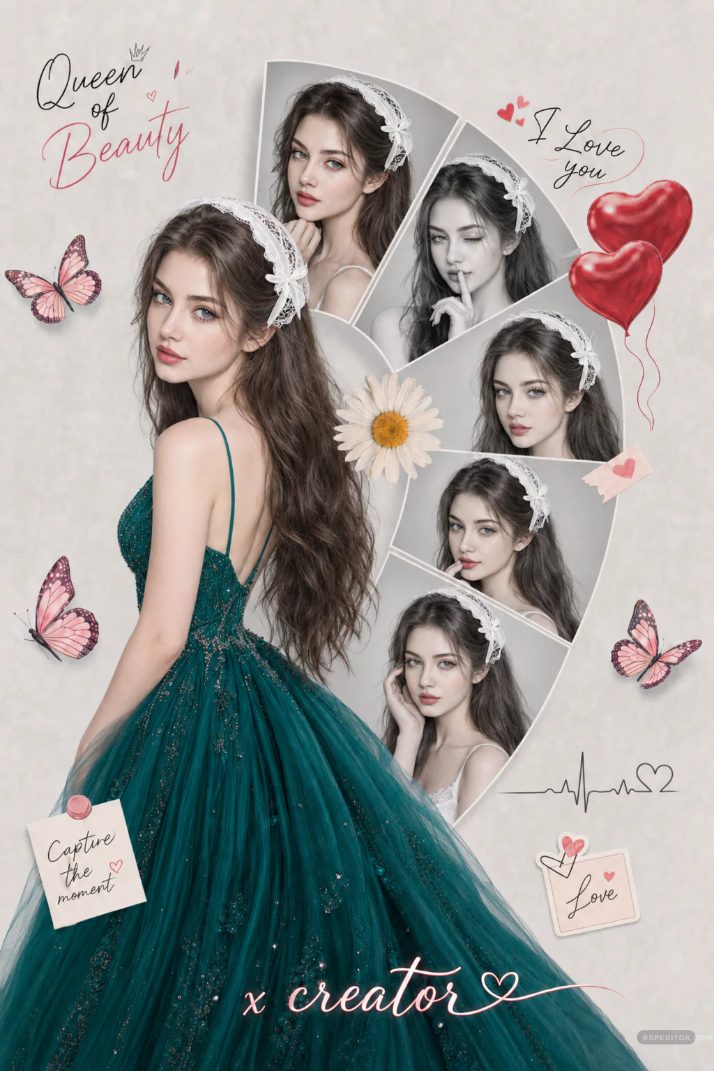 Elegant teal gown portrait paired with a six-frame beauty scrapbook collage and floral paper details