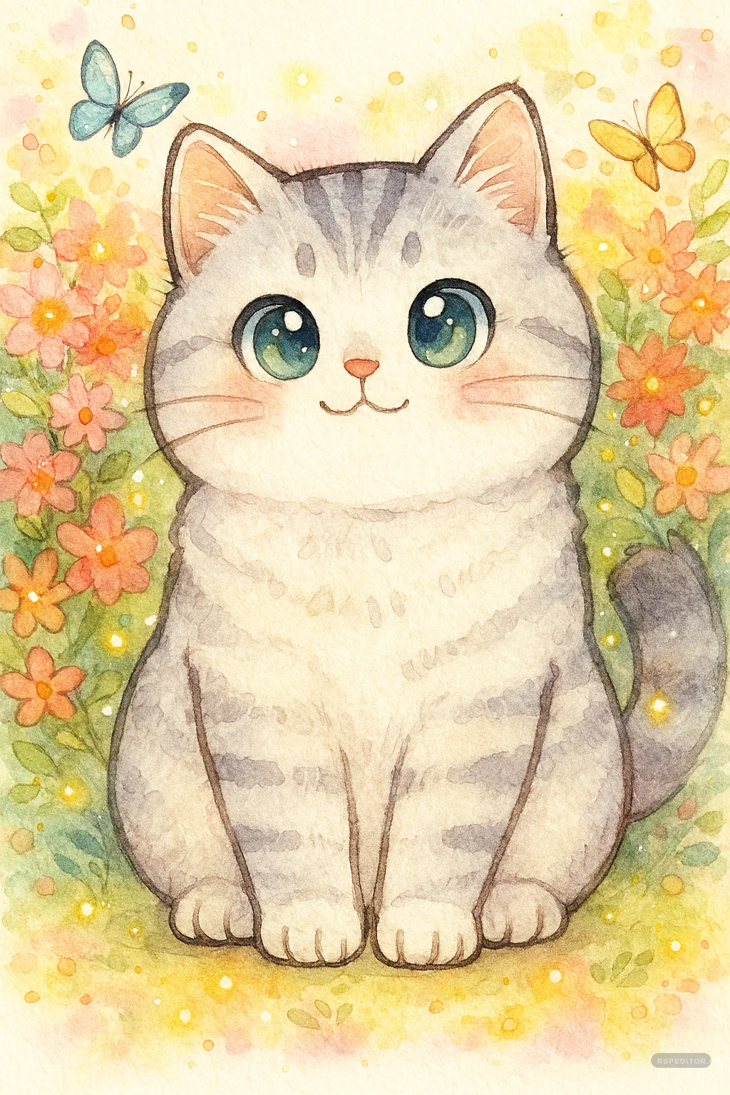 Soft watercolor illustration of a tabby cat surrounded by flowers and butterflies