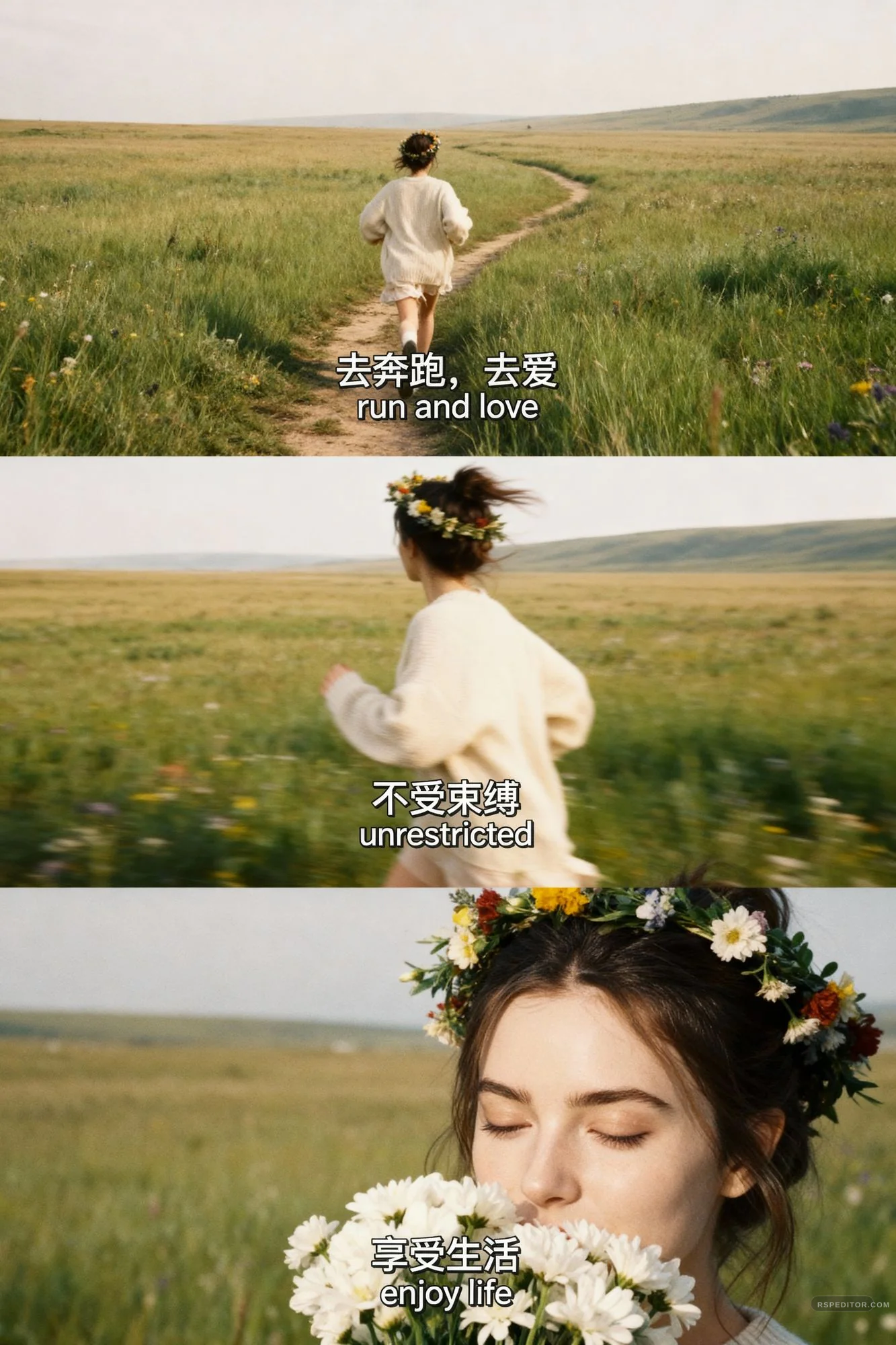 Three-frame wildflower meadow story with a person running through grass and a close flower-crown portrait