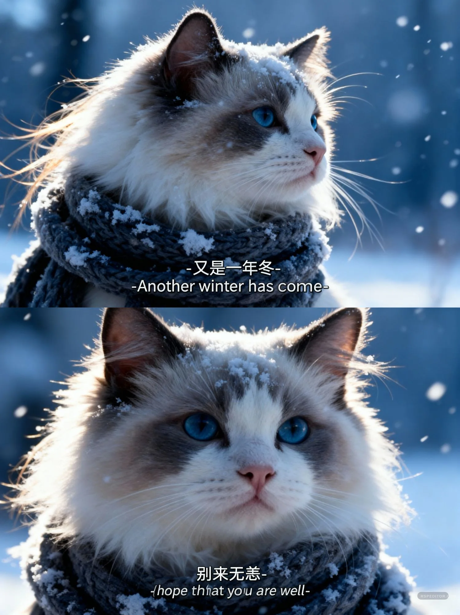 Two-frame winter cat story with snow, a dark scarf, and blue-hour light