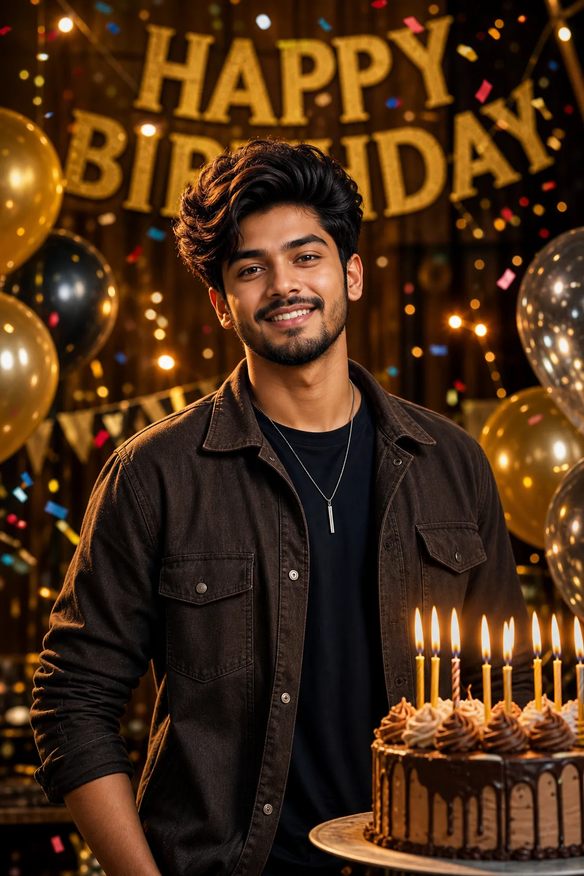 Festive birthday poster portrait with cake, candles, balloons, confetti, and warm party lights for AI photo editing