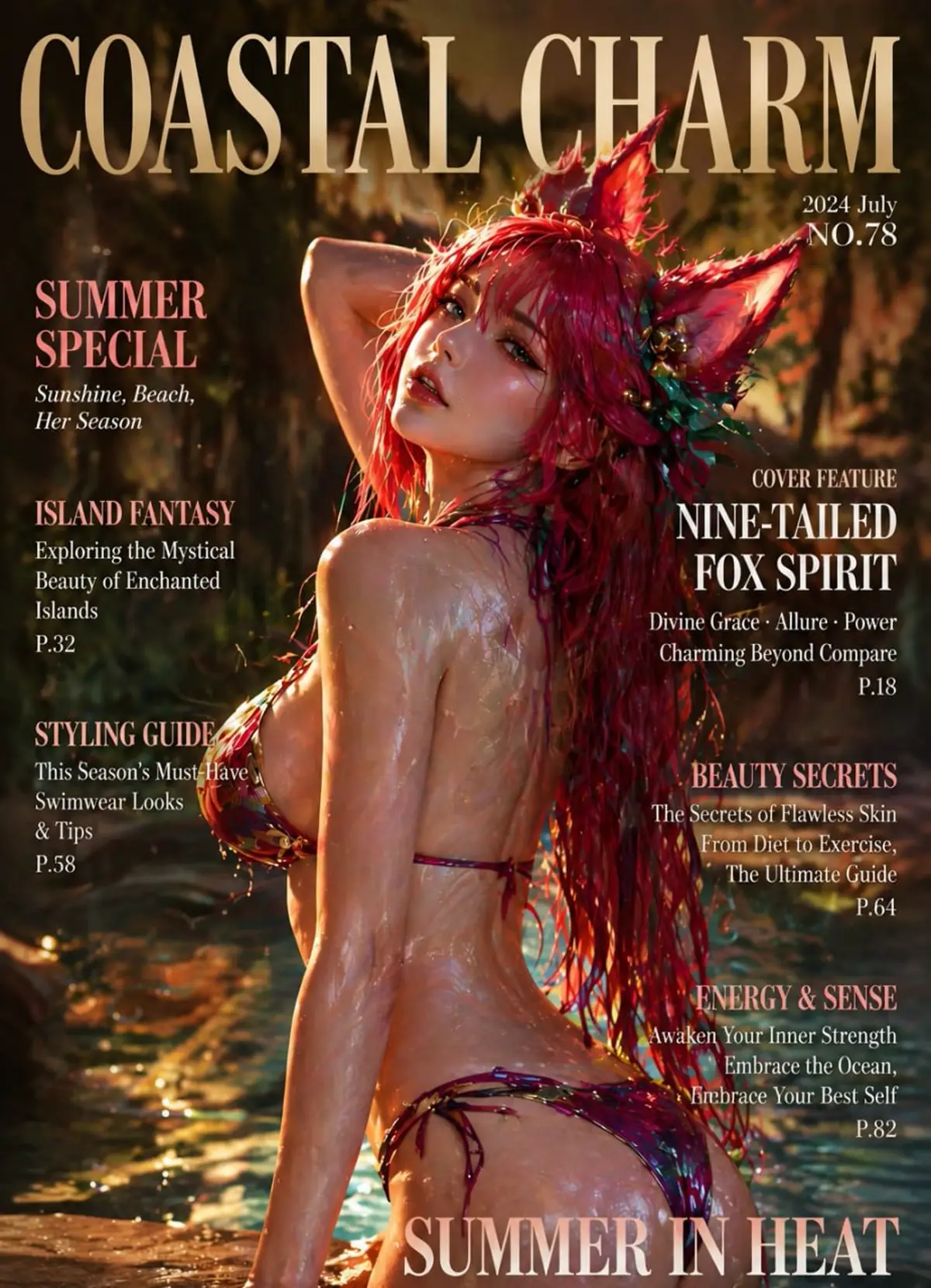 Fantasy Coastal Charm magazine cover featuring a red-haired fox spirit woman posing in tropical water at sunset with summer editorial cover text