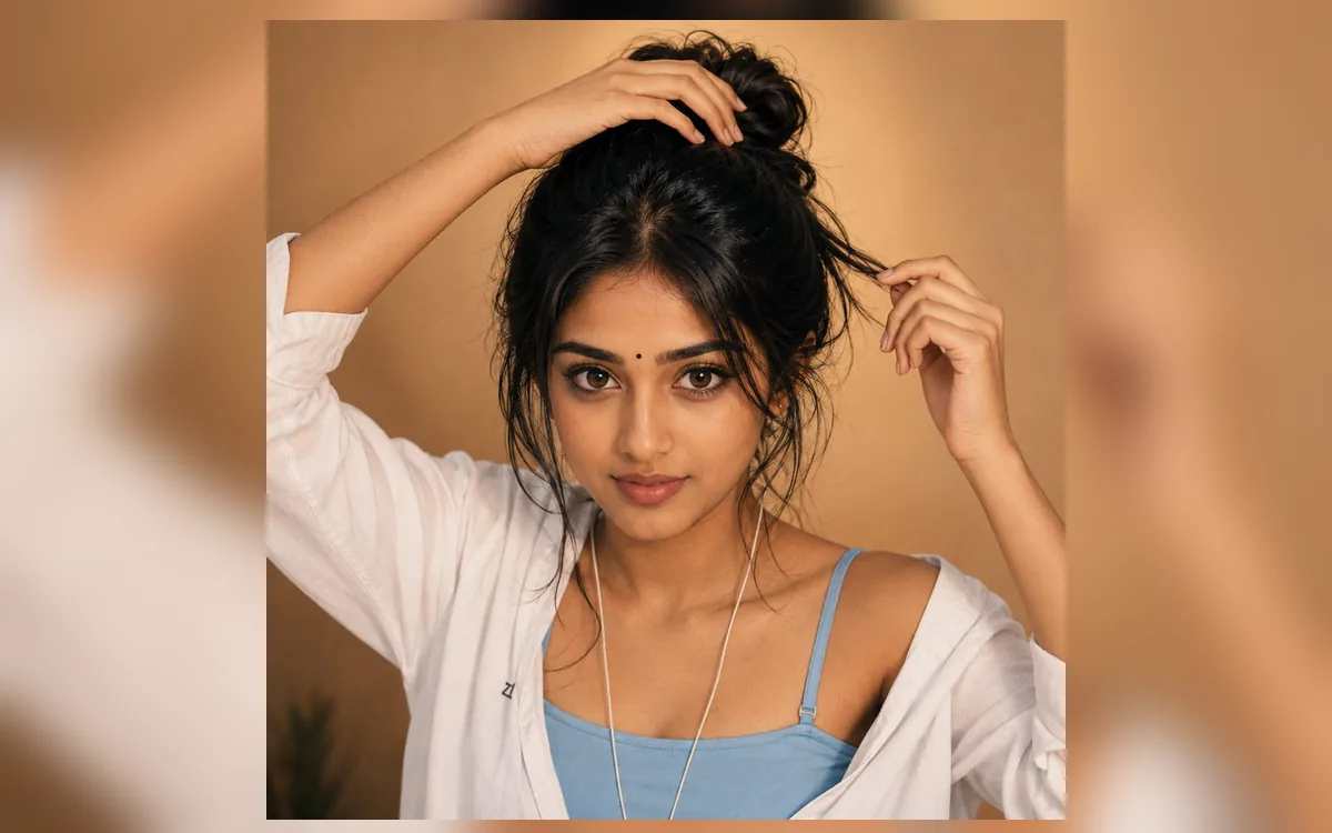 Close-up portrait of a young South Asian woman with a small black bindi, messy bun, white shirt, blue camisole, and wired earphones against a warm tan background