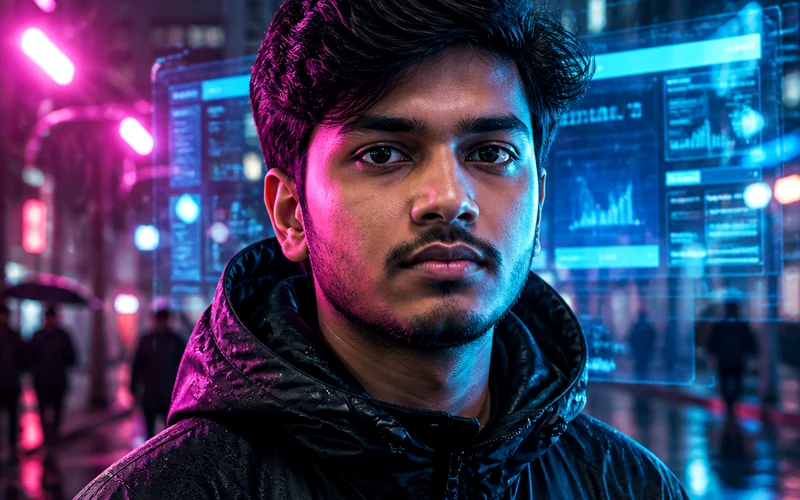 Neon cyberpunk portrait preview with cyan and magenta city lighting