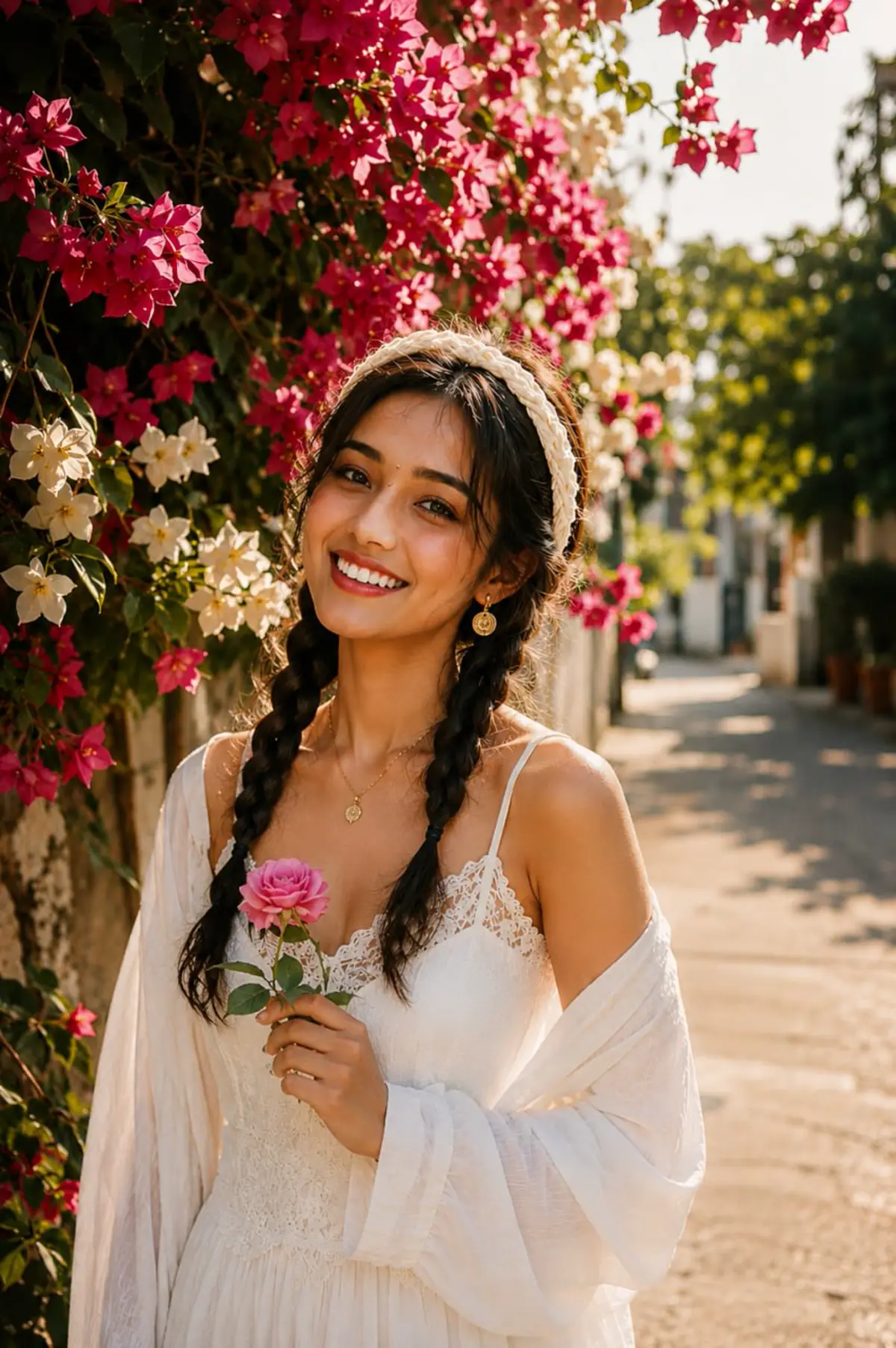 Smiling woman in a white lace dress holding a pink rose beside blooming spring bougainvillea on a sunlit street