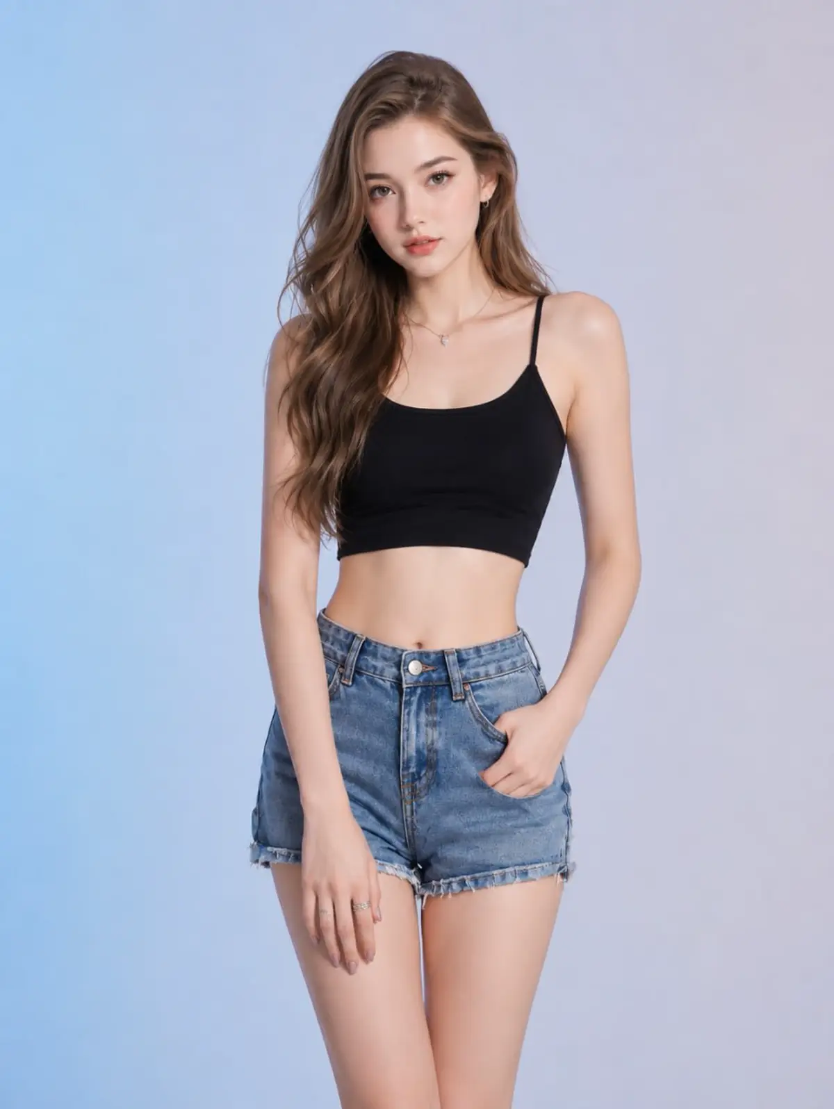 Young woman in a black crop top and high-waisted denim shorts posing against a soft blue lavender studio background